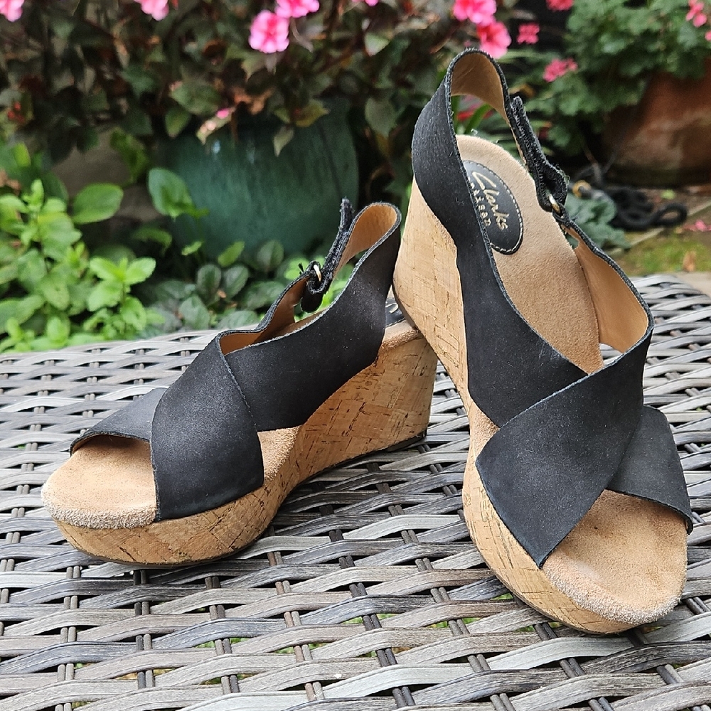 Clarks Black Wedge Sandals for Women, Suede Footbed, Size 8, Velcro Closure